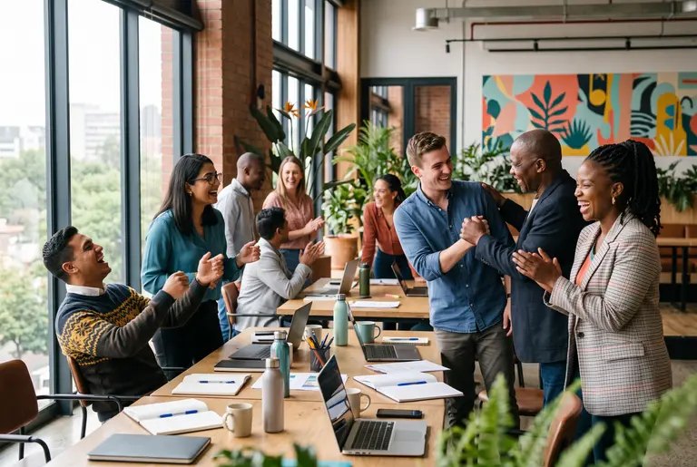 A team celebrating a shared success in a bright office