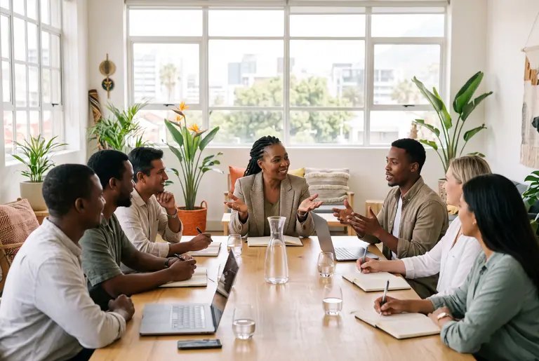 A leader guiding an open team discussion around a table